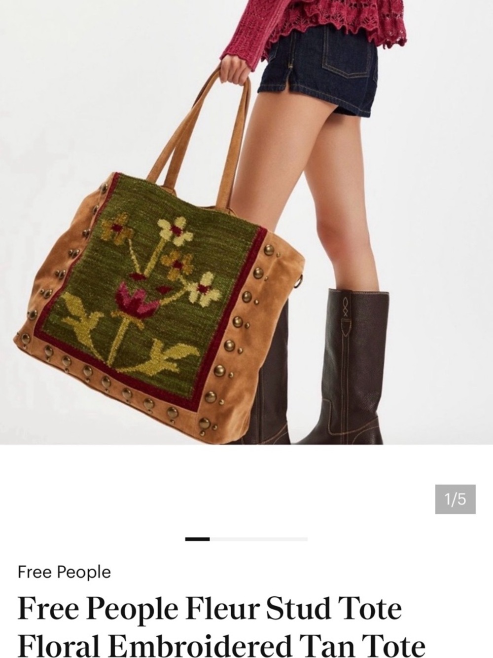 Free People Green Floral Tapestry Tote with Tan Suede Trim and Studs NWOT - Picture 2 of 5